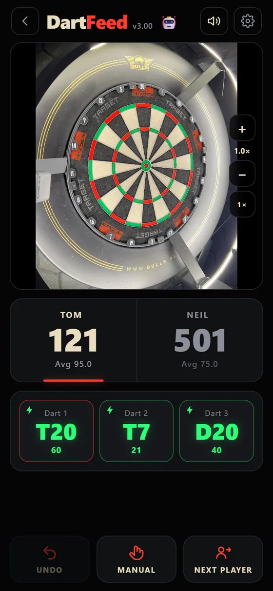 DartFeed showing the suggested checkout T20, T7, D20 for 121