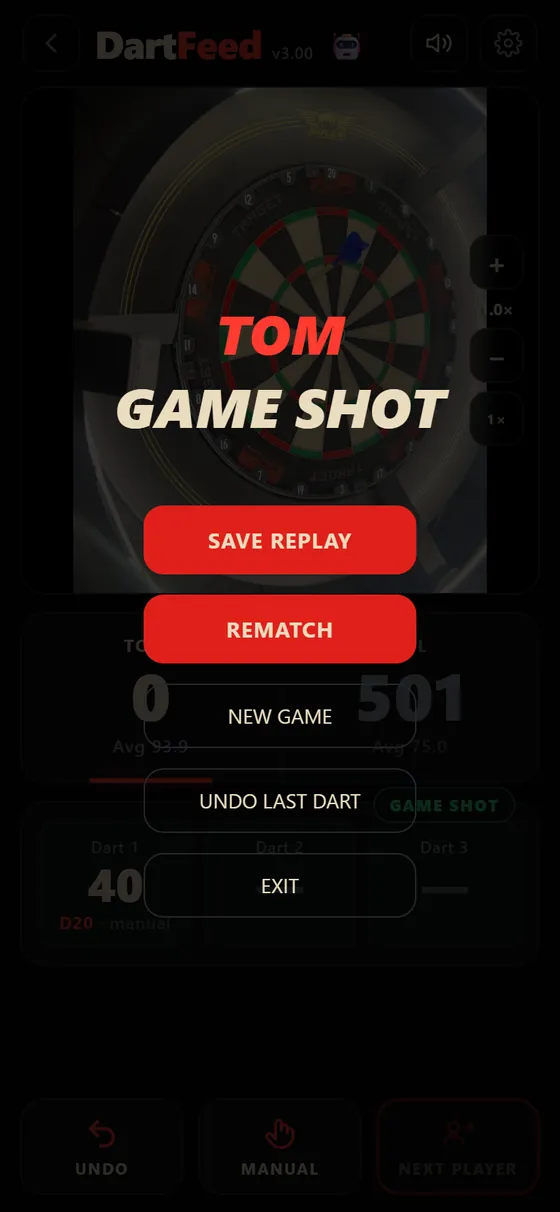 Game shot screen with a SAVE REPLAY button