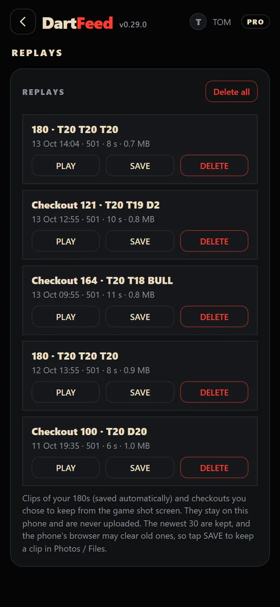 The Replays page listing saved 180 and checkout clips